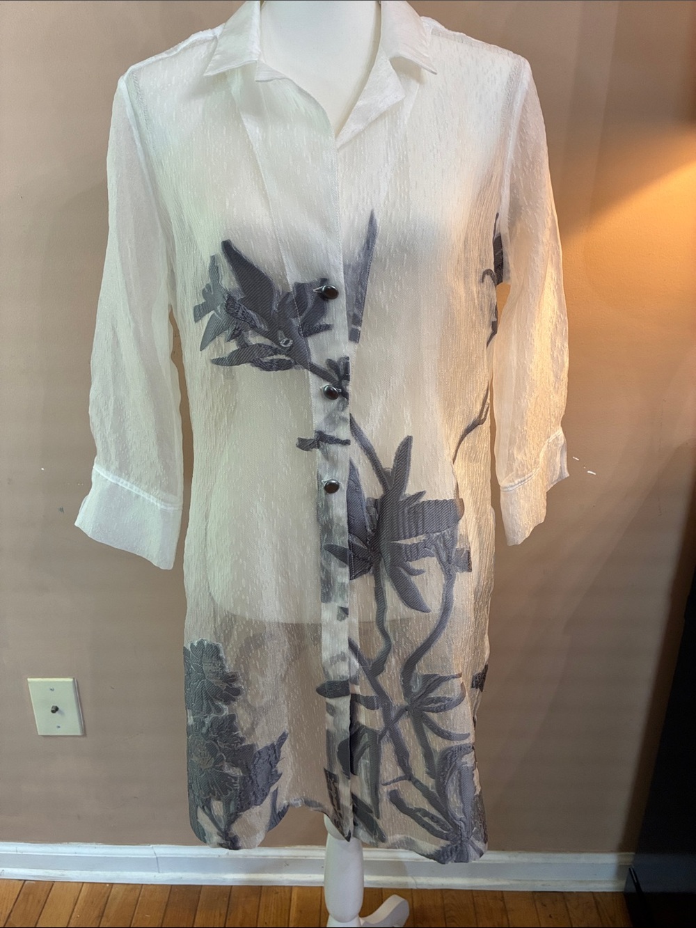 Chico's White Sheer Long-Sleeve Button Front Dress with Gray Floral Print